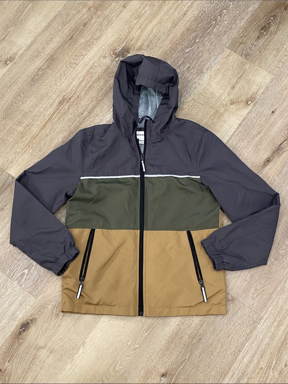 Distortion Hooded Lined Windbreaker Zip Jacket Navy Green Tan Reflector Stripe